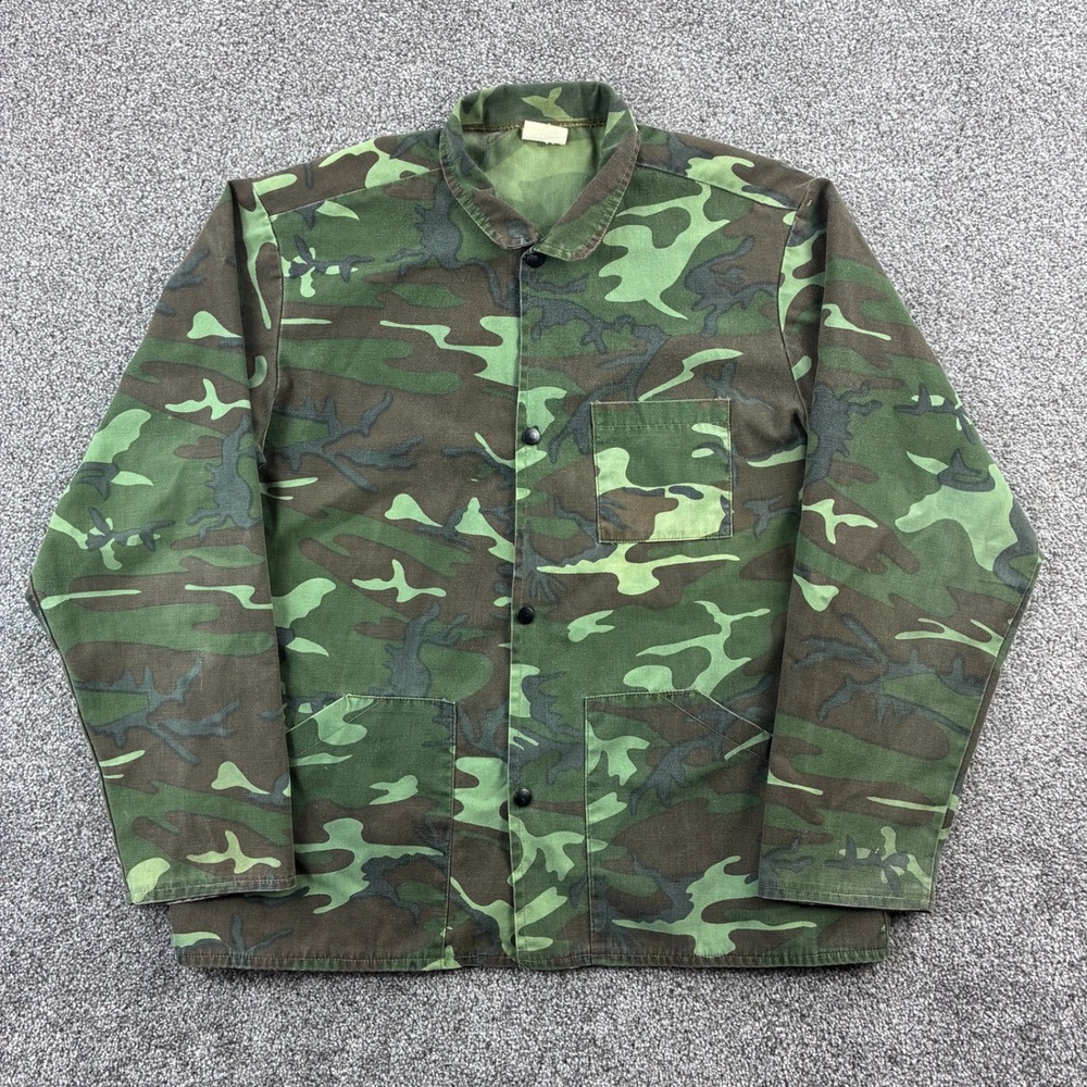 Vintage 70s‎ Camo Utility Jacket Mens XL Green Woodland Military Hunting Button